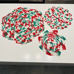 Trio of Christmas Doilies Crochet Red White Green Handmade Various Sizes